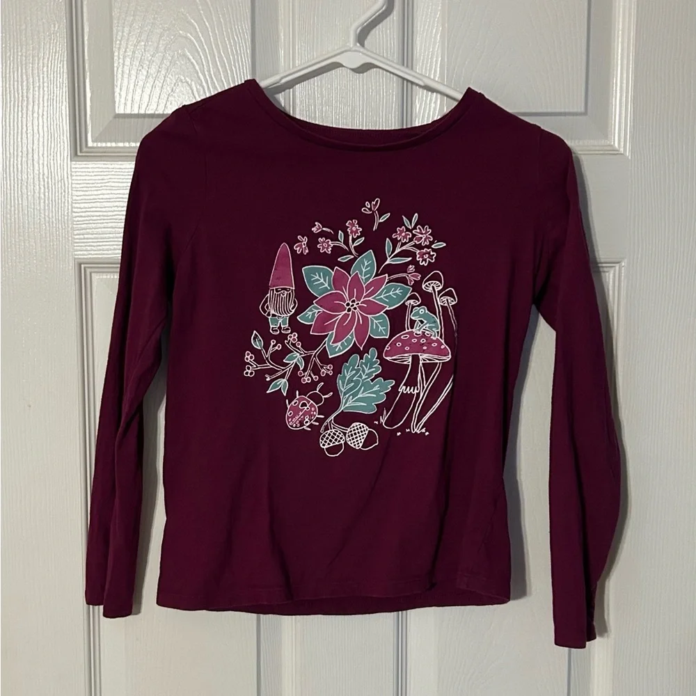 Burgundy Long Sleeve Shirt with Floral, Gnome‎ and Mushroom Design